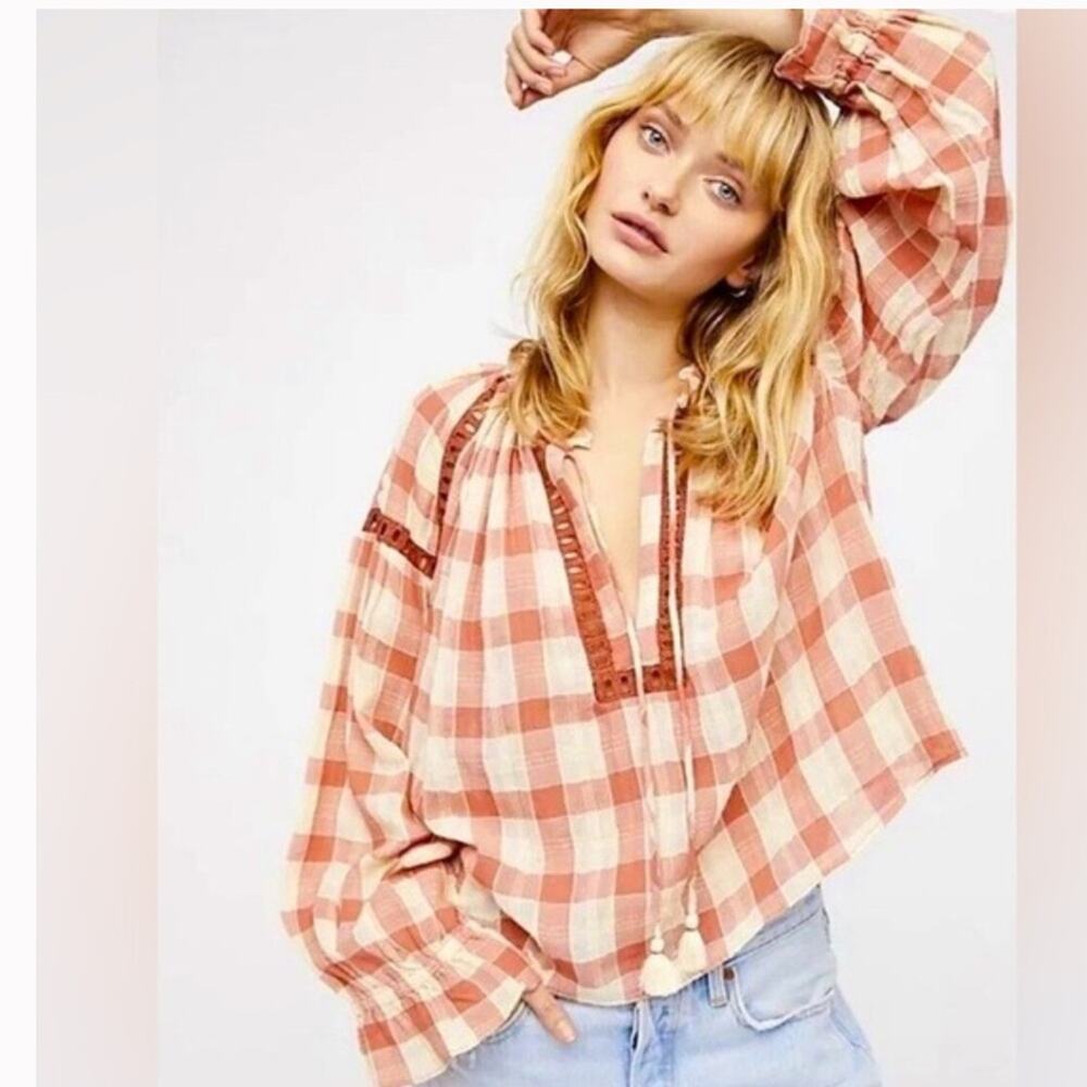 Free People Honey Grove Plaid Top Pink